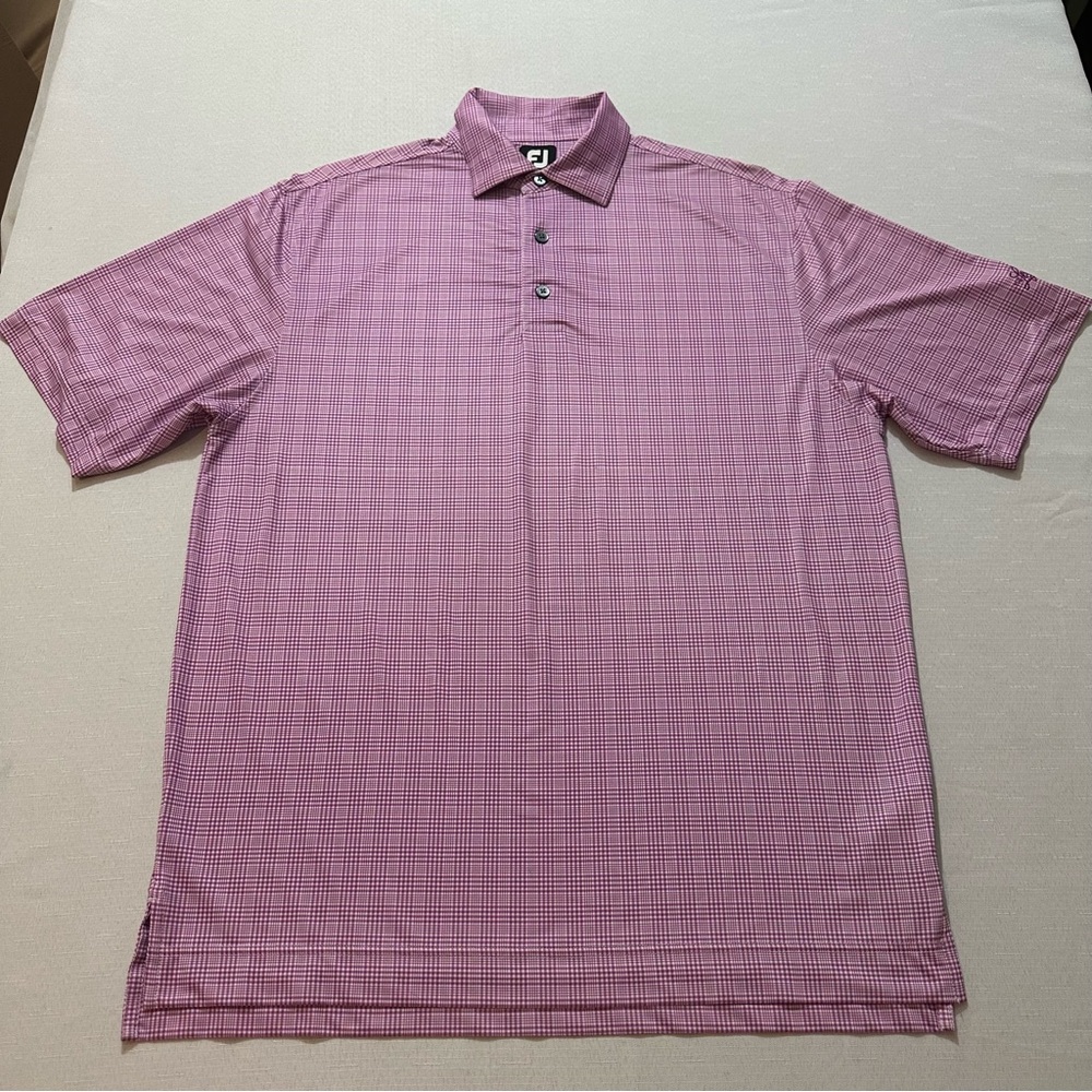 FootJoy FJ Mens Polo Shirt Medium Pink Check Golf Performance Short Sleeve Logo